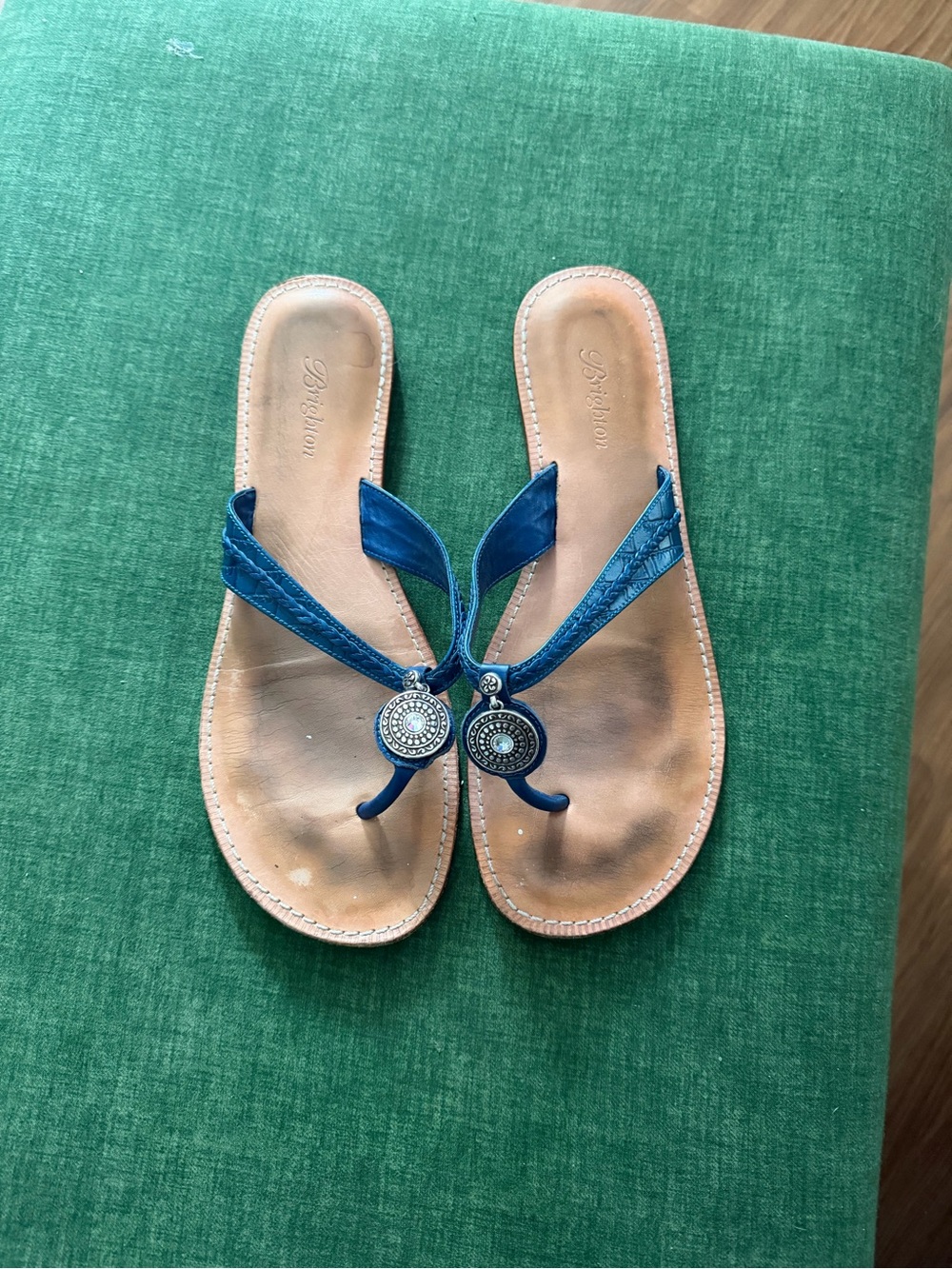 Brighton Teal Blue Leather Thong Sandals with Silver Medallions